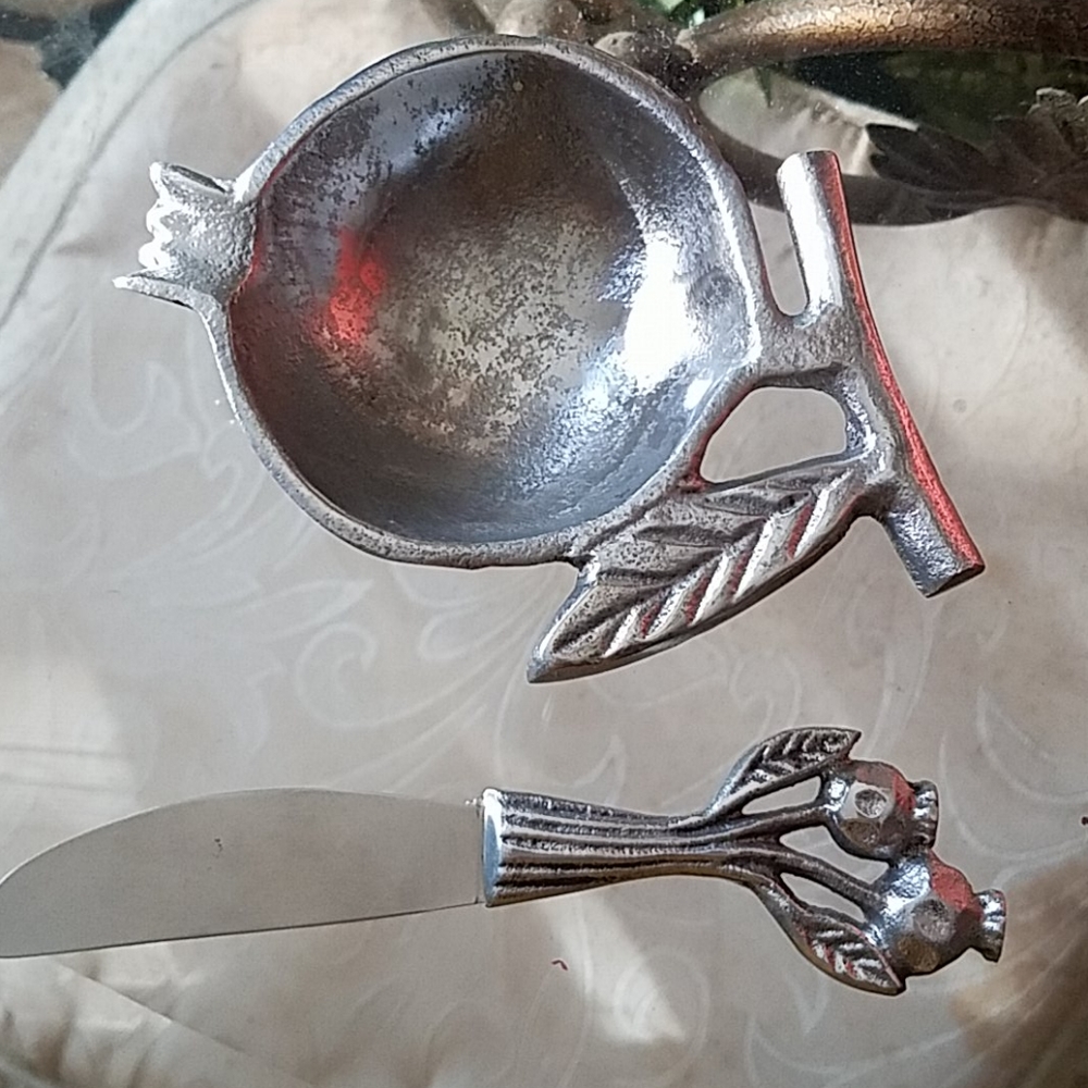 Silver dish holder and knife